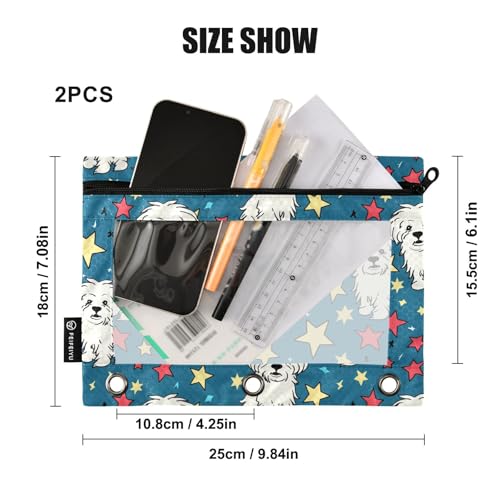 Fustylead Hand Draw Cartoon Maltese and Red Yellow Stars Pencil Pouch for 3 Ring Binders, Zipper Pencil Bags with Clear Window Organizer for Cosmetic Office School Students 2 Pack - color: Blue04 Maltese and Stars