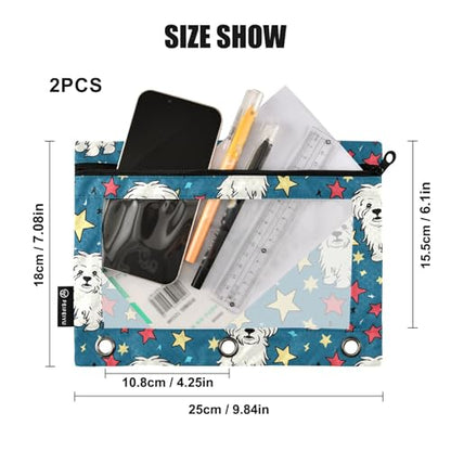Fustylead Hand Draw Cartoon Maltese and Red Yellow Stars Pencil Pouch for 3 Ring Binders, Zipper Pencil Bags with Clear Window Organizer for Cosmetic Office School Students 2 Pack - color: Blue04 Maltese and Stars