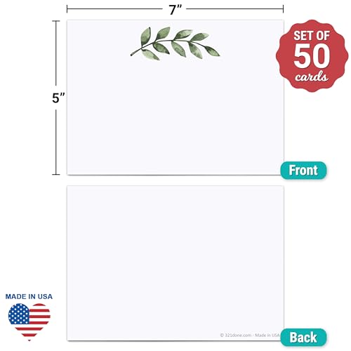 321Done Blank Greenery Note Cards, 5x7 White - Made in USA, Thick, Heavy Cardstock, Pretty, Cute Simple Green Leaves Design, No Envelopes - Pack of 50 - color: Greenery, White, size: 5x7, Horizontal