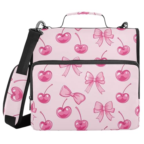 Gredecor 3 D-Ring Zipper Binder 1.5 in Waterproof Cherry Red Bows Binder with Zipper Shoulder Strap, Multi-Pockets Organizer Bag for School & Office Supplies, Storage 500 Sheets Capacity - color: Cherry Red Bows