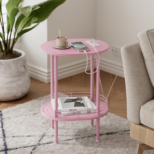 DGSANDGO Pink Side Table with Charging Station,Side Tables Living Room,Nightstand with USB Ports and Outlets,Samll End Table for Small Space,Living Room,Bedroom, Nursery,(1PC,Pink) - color: Pink Power Outlets
