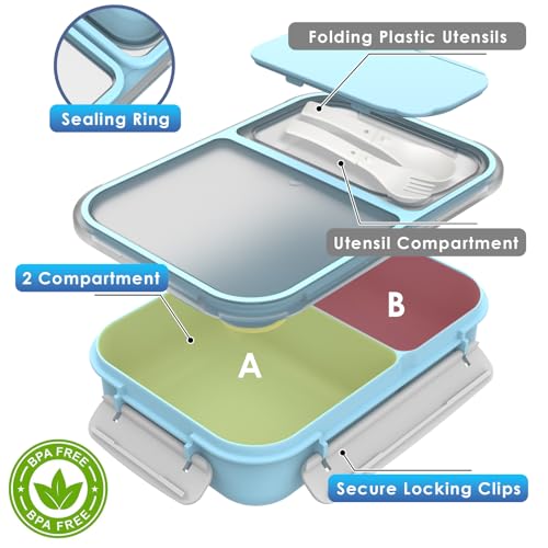 WHALEHOUSE Large Capacity Bento Lunch Box for Adult, 1600ML 2 Compartments Meal Prep Container with Utensil, Airtight Food Storage Container with Snap Locking Lids, Microwave/Dishwasher/Freezer Safe - color: 1600mL-Blue