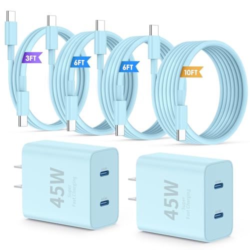 QZIIW Super Fast Samsung Charger Type C,45W Dual Port USB C Fast Charger Block [2-Pack] & Extra Long 60W 3/6/6/10FT USB C Cable - PD Quick Charging 3.0 for Samsung Galaxy S25 Ultra/S24+/S23 iPhone 16 - color: Blue, size: 3FT+6FT+6FT+10FT