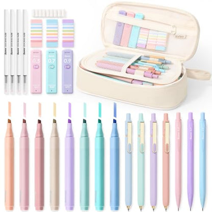 SUNEE 35PCS Aesthetic Stationery Set with Cute Pencil Case, Pastel Highlighters, Black Gel Pens, Mechanical Pencils & Refills, College School Supplies for Students Girls Beige - color: Beige, style: 35 Pack