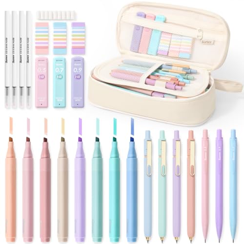 SUNEE 35PCS Aesthetic Stationery Set with Cute Pencil Case, Pastel Highlighters, Black Gel Pens, Mechanical Pencils & Refills, College School Supplies for Students Girls Beige - color: Beige, style: 35 Pack