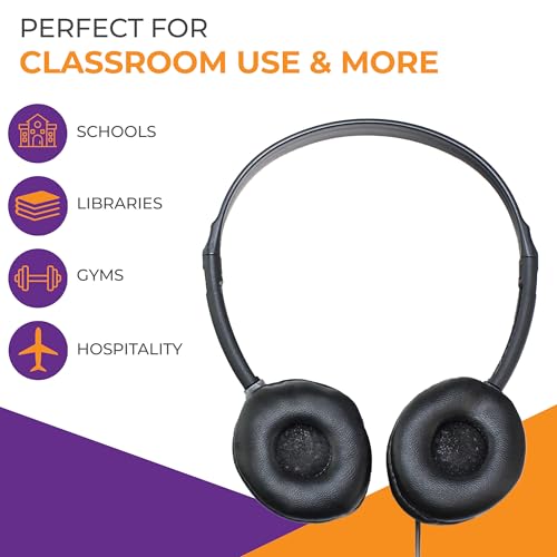 Soundnetic SN313 Bulk Classroom Headphones 100 Pack – Wired On-Ear Stereo Headphones for Students K-12, Leatherette Earpads, 3.5mm Jack, Compatible with Chromebook, Laptop, Computer – School Pack - size: 100 Pack