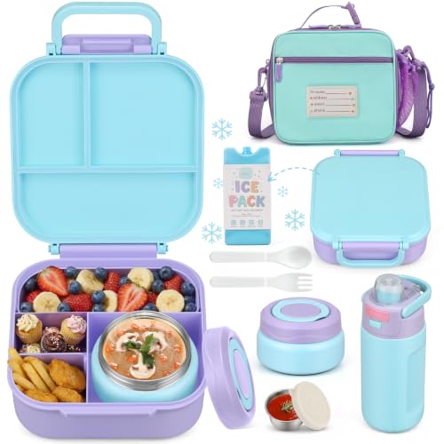 Bento Lunch Box for Kids with 7oz Soup Thermo,Insulated Stainless Steel Kids Water Bottle with Straw and Insulated Lunch Bag,Leak-Proof Lunch Food Container with Ice Pack for School(Purple) - color: Purple