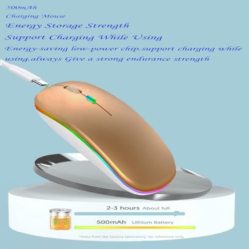 LED Wireless Mouse, Slim Silent Dual-Mode 2.4G+BT Rechargable 7-Color Portable Mobile Optical Office Mouse with USB Receiver, 3 Adjustable DPI Levels for Notebook, PC, Computer, MacBook (GOLD) - color: gold