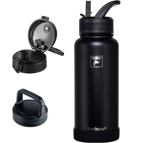Fanhaw 32 oz Insulated Water Bottle – Portable Stainless Steel Flask with 3 Lids (Straw, Chug, Carabiner) | Leakproof, for Gym, Hiking, Work, Travel & Everyday Use (Black) - color: Black, size: 32 Ounces