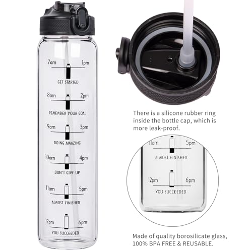 32oz Sports Motivational Glass Water Bottle with Time Maker, Large Reusable Glass Drinking Bottle with Flip Lid and Sleeve, BPA Free