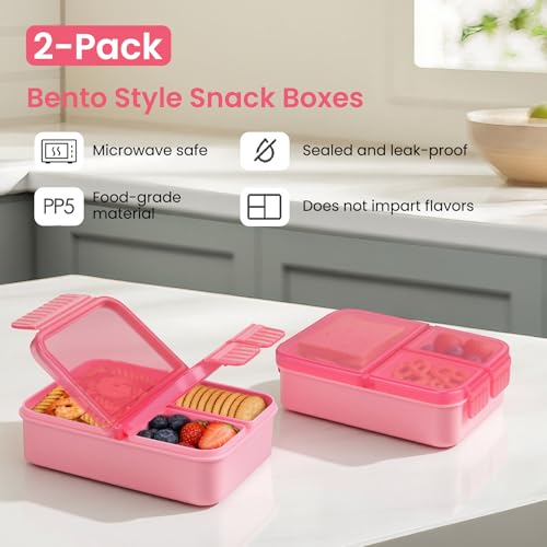HWONMTE 2 Pack Bento Lunch Snack Boxes Set for Kids Reusable Food Containers Removable Dividers for Toddler Girls Boys Teens to School,Travel (2 Pack Pink) - color: 2 Pack Pink