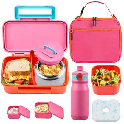 PIQUEBAR Kids Lunch Box with 8oz Thermo, Leakproof Bento Box with Insulated Bag, Kids Insulated Water Bottle with Straw, Food Lunch Container for Back to School Girls, Pink - color: Pink