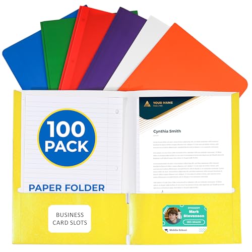 100 Pack Assorted Colors 2 Pocket Paper Folders. EPI Heavy Duty, Bulk Folders with Pockets and Business Card Slots. Letter Size Document Organizers. Durable Portfolio School, College, Office Files - color: Assorted, style: No Prongs