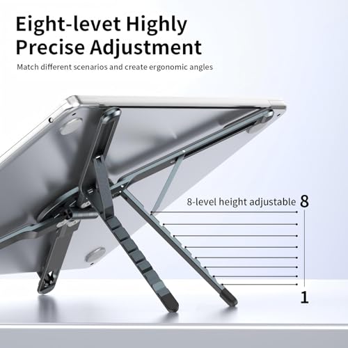 Portable Laptop Stand for Desk, 3-in-1 Adjustable Holder for MacBook, 8-Level Height & Angle, Aluminum Alloy Desktop Stand, Compatible with 4-13” iPhone, 10-16” Laptops & Tablets(Gray) - color: gray