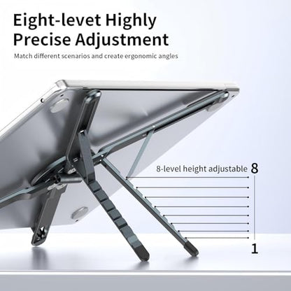 Portable Laptop Stand for Desk, 3-in-1 Adjustable Holder for MacBook, 8-Level Height & Angle, Aluminum Alloy Desktop Stand, Compatible with 4-13” iPhone, 10-16” Laptops & Tablets(Gray) - color: gray