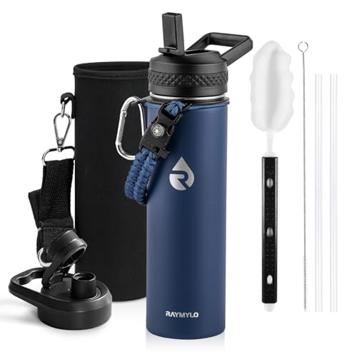 RAYMYLO Insulated Water Bottle 20 oz, Triple Wall Vacuum Stainless Steel (Cold for 24Hrs, Hot for 12Hrs), Leak Proof & Non-BPA, Modern Water Bottle Jug for School with Straw Spout Lids - color: Dark Blue, size: 20 Ounces