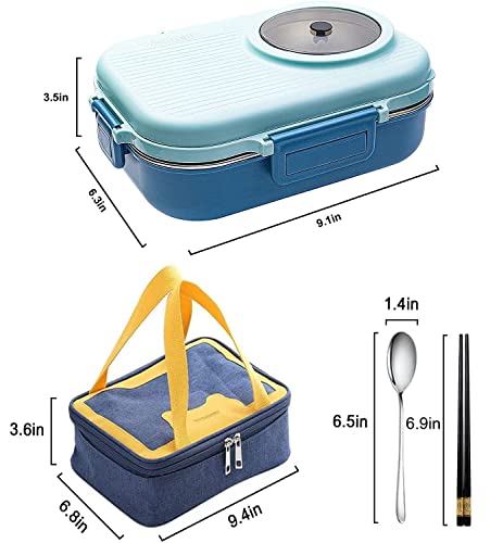 3 Compartments Bento Lunch box with Soup Bowl, Insulated Lunch Bag and Portable Utensils, Stainless Steel Camera Lunch Containers，Leak Proof Bento Box for Adults Men Women… - color: 900ml-Blue