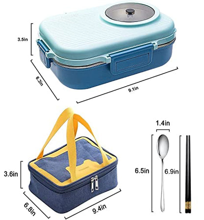 3 Compartments Bento Lunch box with Soup Bowl, Insulated Lunch Bag and Portable Utensils, Stainless Steel Camera Lunch Containers，Leak Proof Bento Box for Adults Men Women… - color: 900ml-Blue