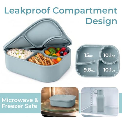 Silicone Bento Box Set for Kids with 15.2oz Straw Water Bottle, 4-Compartment Lunch Box, Kids Spoon & Fork | BPA-Free, Food-Grade, Microwave & Dishwasher Safe for Travel, School.