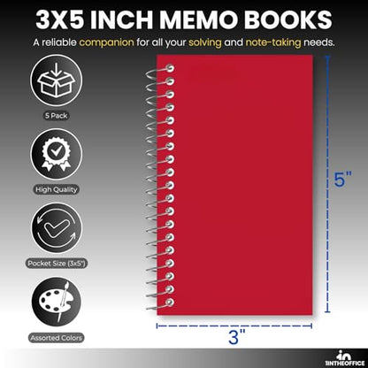 1InTheOffice Wirebound Spiral Memo Books, Memo Pads, 3" x 5", College Ruled, Small Notepad, Assorted, 75 Sheets/Pad, (5 Pack)