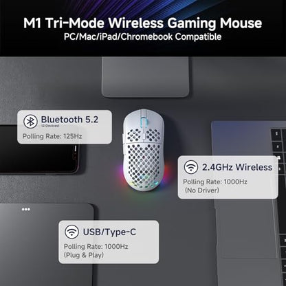 DIERYA M1 Wireless Gaming Mouse, 24000DPI, 180Hrs Battery, 16.8M RGB, 6 Programmable Buttons, Lightweight, Tri-Mode (2.4G/BT5.2/USB-C) for PC/Mac/Laptop - White - color: White