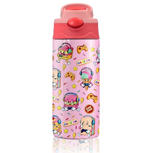 12oz Kids Tumbler with Straw, Water Bottle for Girls, Pink Insulated Cup with Lid, Leak-Proof Stainless Steel Travel Cup, Donut Pattern Gift for Girls (Sweet Donut) - color: Sweet Donut