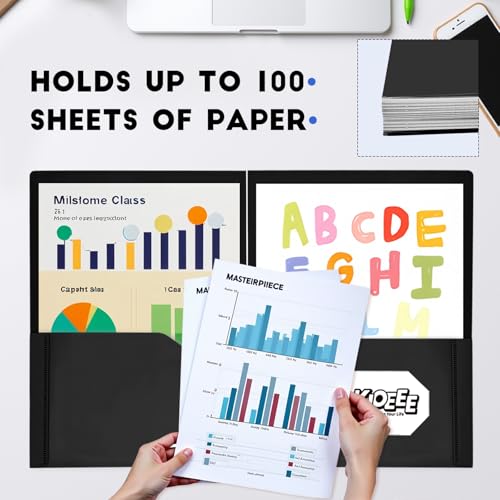 Plastic Folders with Pockets (6 Pack). Heavy Duty Plastic Folders with 2 Pocket and Business Card Slot. Fit Letter Size Paper, Black for School - size: 2 Pocket