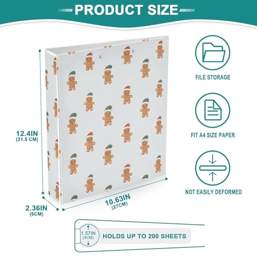 Fustylead Lovely Gingerbread Man Wear Santa Hat 3 Ring Binder, D-Rings 1.5" Hardcover Folder, Fits 200 Sheets of A4 Paper, Durable Clipboard & Clean View with Inside Pockets for School Home Office - size: 12.4x10.63x2.36 Inch-2 Pack