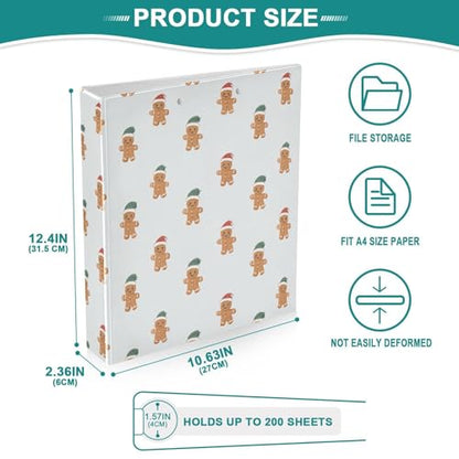 Fustylead Lovely Gingerbread Man Wear Santa Hat 3 Ring Binder, D-Rings 1.5" Hardcover Folder, Fits 200 Sheets of A4 Paper, Durable Clipboard & Clean View with Inside Pockets for School Home Office - size: 12.4x10.63x2.36 Inch-2 Pack