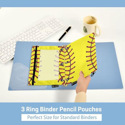 Fisym Softball Baseball Yellow Pencil Pouch for 3 Ring Binder Pencil Case Pencil Bag Zipper Pouch with Clear Window for Office 2 Pack
