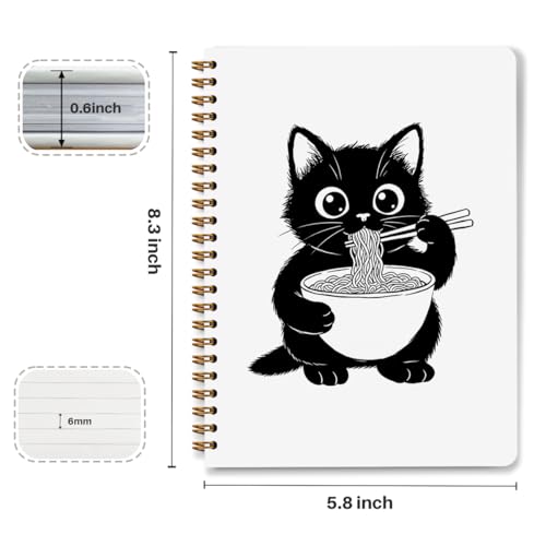 NISTOMISU Ramen Cat Spiral Notebook 5.8x8.3 Inch, Cat Notebooks, Cats Lover Mom Lady Gifts Journals for Writing, Cats Office Supplies, Japanese Noddle Cute Black Kitten Notebooks for Note Taking - color: Cat Eating Ramen
