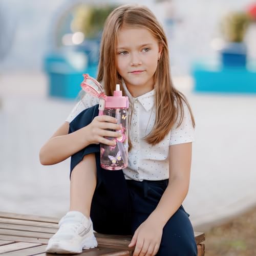 Tritan Kids Water Bottle for School, 18.6 oz Leakproof 2-in-1 Toddler Water Bottle with a Pop-up Detachbale Straw, Dishwasher Safe (Butterfly) - color: Butterfly
