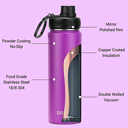 DRINCO Stainless Steel Water Bottle Spout Lid Vacuum Insulated Double Wall Water Bottle Wide Mouth (40oz 32oz 22oz 18oz 14oz) Leak Proof Keep Cold Sport Camping Hiking (22 oz, 22oz Purple) - color: 22oz Purple, size: 22 Ounces