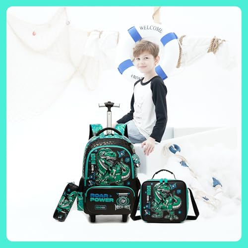 Meetbelify Boys Rolling Backpack with Wheels for Elementary Preschool Students Kids Travel Luggage Carry on Backpack for Boys Ages 6-8 Dinosaur - color: 02 Dinosaur