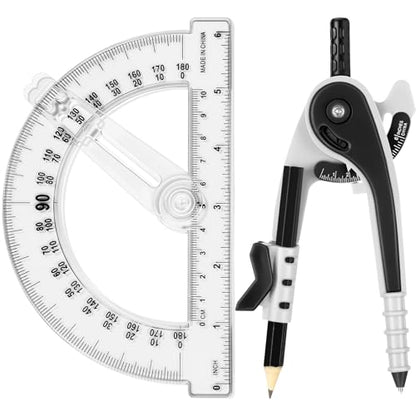 Zonon 2 Pcs Student Protractor and Compass, Student Geometry Math Set Drawing Compass and 180 Degree 6 Inch Protractor with Swing Arm for Drawing Measuring School Office (Black) - color: Black