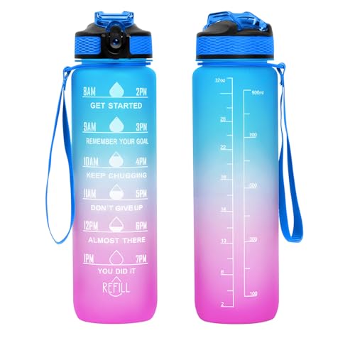 32 oz Motivational Water Bottle with Time Marker,Water Bottles with Times to Drink and Straw with Carrying Strap,Perfect For Fitness Gym Outdoor,BPA Free (Blue & Purple Gradient) - color: Blue & Purple Gradient