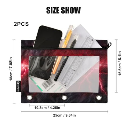 Pencil Pouch for 3 Ring Binder, 2 Pack Red Lightning Binder Pencil Pouch with Clear PVC Window, Zipper Pencil Case Organizer for Office School Supplies