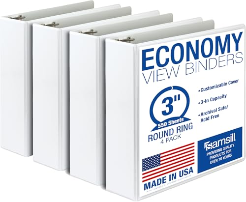 Samsill 3 Inch 3 Ring Binders, Economy Round Ring, Clear View Cover, 550 Sheet Capacity - for School, Home, Office - White, 4 Pack - color: White, size: 4-Pack, style: 3-Inch