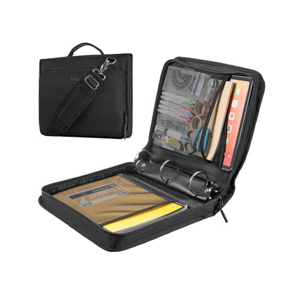 2 Inch 3-Ring Zipper Binder with Shoulder Strap, O-Ring Zip Up Binder with 500 Sheet Capacity, Compatible with 13" MacBook/Tablet, for School, Office (Black)