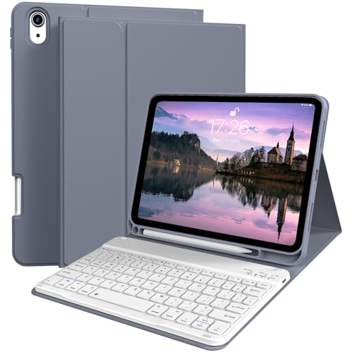 kenke for iPad 11/10th Gen Case with Keyboard 11/10.9 inch 2025 A16/2022, Detachable Wireless Bluetooth Keyboard Case with Bulit-in Pencil Holder, White Square Keycaps (Purple) - color: Purple
