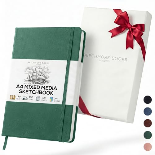 Beechmore Books A4 Sketchbook – 8.5x11 Premium Vegan Leather Bound Large Sketch Book Hardcover with 156 Thick 160gsm Perforated Ivory Pages, Blank Sketch Pad, Gift Boxed, Back Pocket, Ribbon Bookmark - color: Dartmouth Green, size: A4 - 8.5" x 11.5" Large