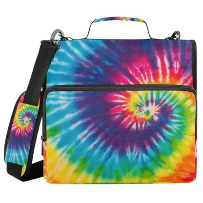 Fisyme Tie Dye Rainbow Zipper Binder 3 Ring with Zipper and Shoulder Strap Large Capacity Multi-Pocket Binder Organizer - color: Multi-colorful