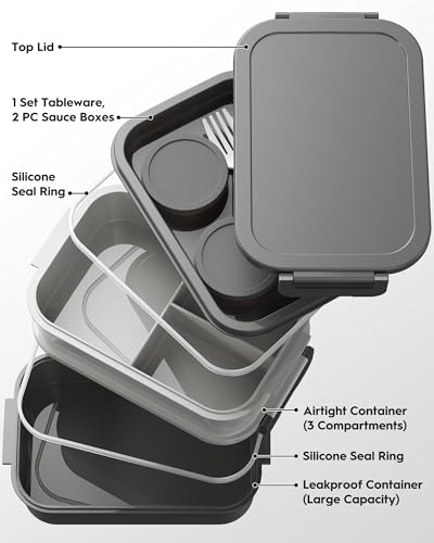 Adults Bento Box with Insulated Lunch Bag, 74oz Capacity 3 Stackable Leak-Proof Bento Box Built-In Utensil and Sauce, PFAS & BPA-Free, Microwave & Dishwasher Safe (Dusk Gray) - color: Dusk Gray