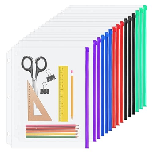 YoeeJob 3 Holes Clear PVC Zipper Binder Pocket Insert Pages Letter Size, 8 1/2" x 11 Loose Leaf Binder Filing Storage Bags 15 Packs (5 Color) - color: 5 Colors, size: 15 Packs