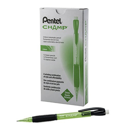 Pentel CHAMP Mechanical Pencil, (0.9mm), Tinted Lime Green Barrel, Box of 12 (AL19K) - color: Green, size: 1 Count (Pack of 12), style: 0.9 mm