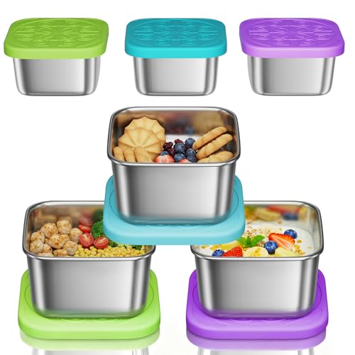 3 Pack 6oz Stainless Steel Snack Containers and 3 Pack 2oz Salad Dressing To Go Containers with Silicone Lids, Reusable Square Meal Prep Condiment Sauce Containers Lunch Box Accessories - color: Magic Forest‌