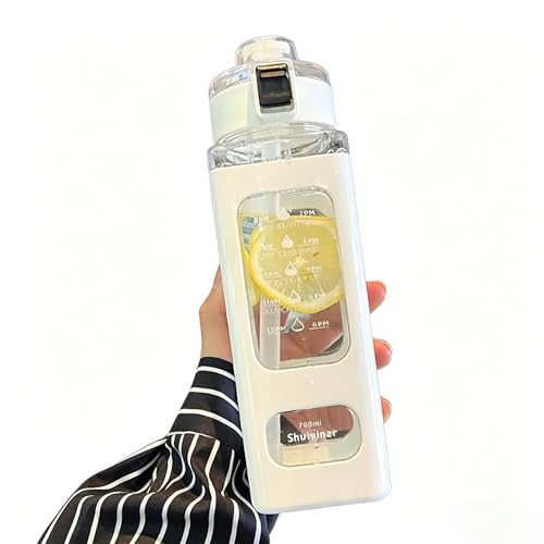 700ML Sports Water Bottle with Straw, Leakproof Bounce Cap Water Bottle with Time Marker, BPA Free Portable Square Water Bottle for Gym, School, Outdoor Activities (White) - color: White