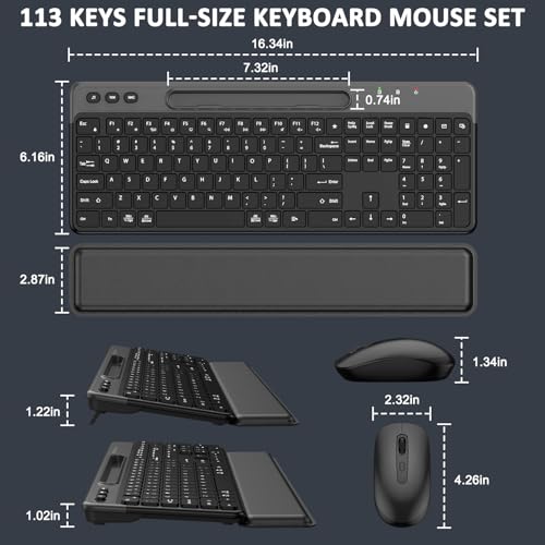 Wireless Keyboard and Mouse Combo, 2.4G Full-Sized Ergonomic Computer Silent Keyboard with Soft Wrist Rest, Phone Tablet Holder, 3 DPI Quiet Mouse for Windows, Mac OS Laptop/PC/Desktop