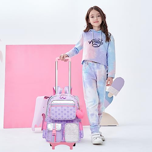 Meetbelify Girls Rolling Backpack with Wheels - Cute Kawaii Carry On Backpack for Elementary Students - Purple - color: Star Purple