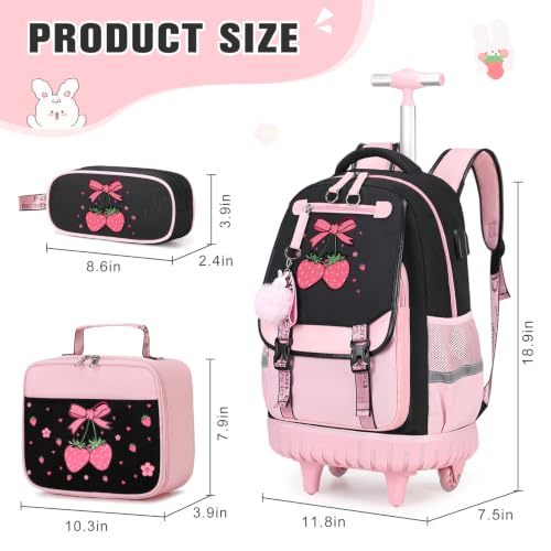 Bevalsa Rolling Backpack for Girls, 3PCS Roller School Backpack Set | with Lunch Box & Pencil Case, Kids Bookbag with Wheels for Teen Girls Elementary Middle High School Students - color: Pink Strawberry